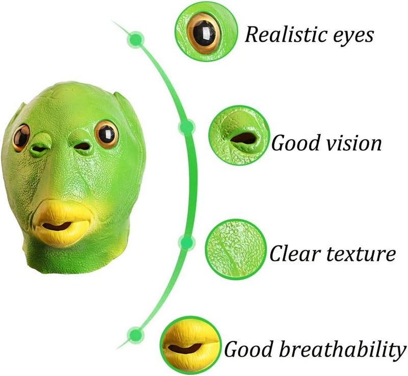 AQKILO Green Fish Mask for Adults, Natural Latex Sea Creature Full Head Mask for Halloween, Cosplay, and Costume Parties - Image 4