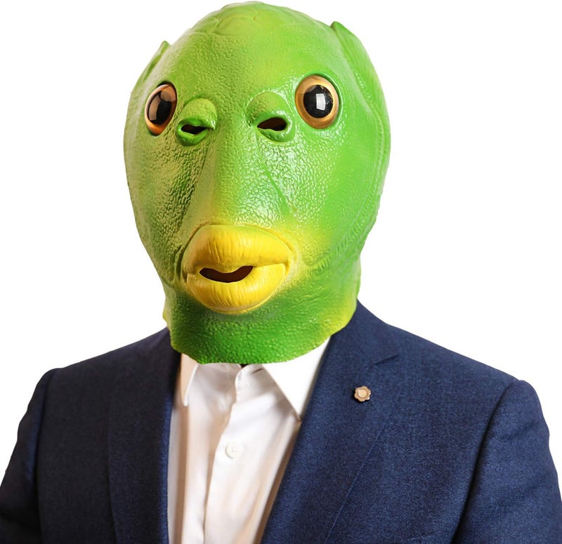 AQKILO Green Fish Mask for Adults, Natural Latex Sea Creature Full Head Mask for Halloween, Cosplay, and Costume Parties - Image 1