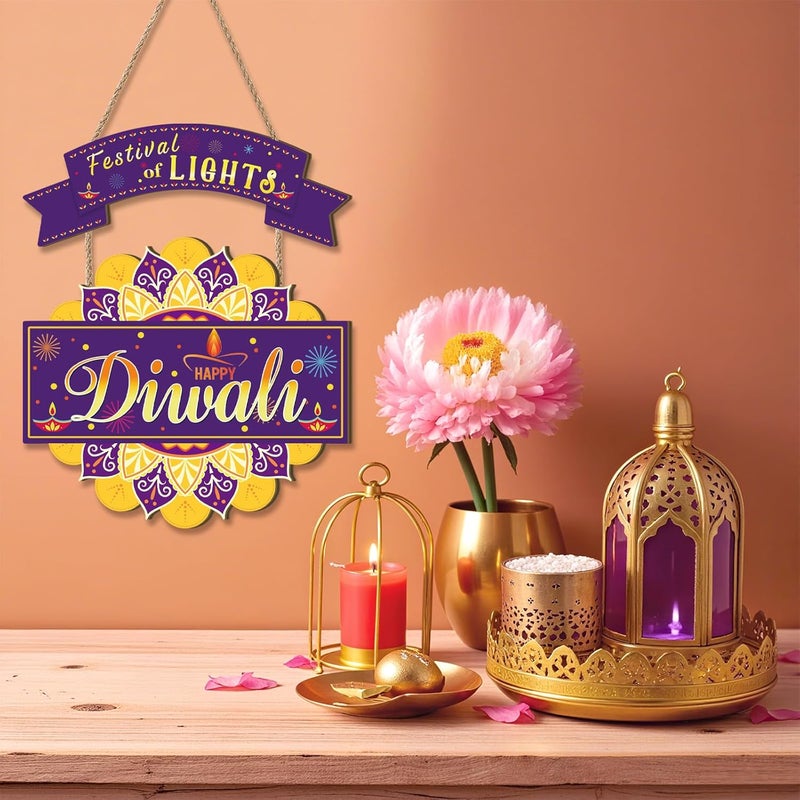 Ausril Happy Diwali Door Decor,Festival of Lights Door Sign,Indian Deepawali Wooden Sign,Dewalee Wood Wall Hanging,Diya Diwali Sign,Diwali Party Decor for Home Proch Yard Office Garden - Image 2
