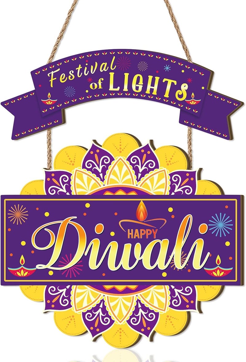Ausril Happy Diwali Door Decor,Festival of Lights Door Sign,Indian Deepawali Wooden Sign,Dewalee Wood Wall Hanging,Diya Diwali Sign,Diwali Party Decor for Home Proch Yard Office Garden - Image 1