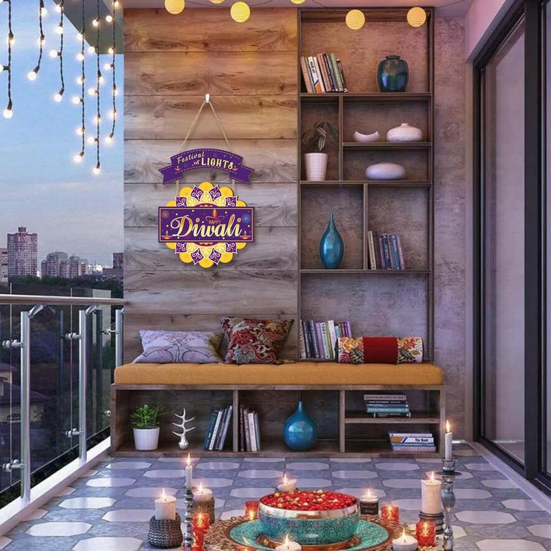 Ausril Happy Diwali Door Decor,Festival of Lights Door Sign,Indian Deepawali Wooden Sign,Dewalee Wood Wall Hanging,Diya Diwali Sign,Diwali Party Decor for Home Proch Yard Office Garden - Image 3