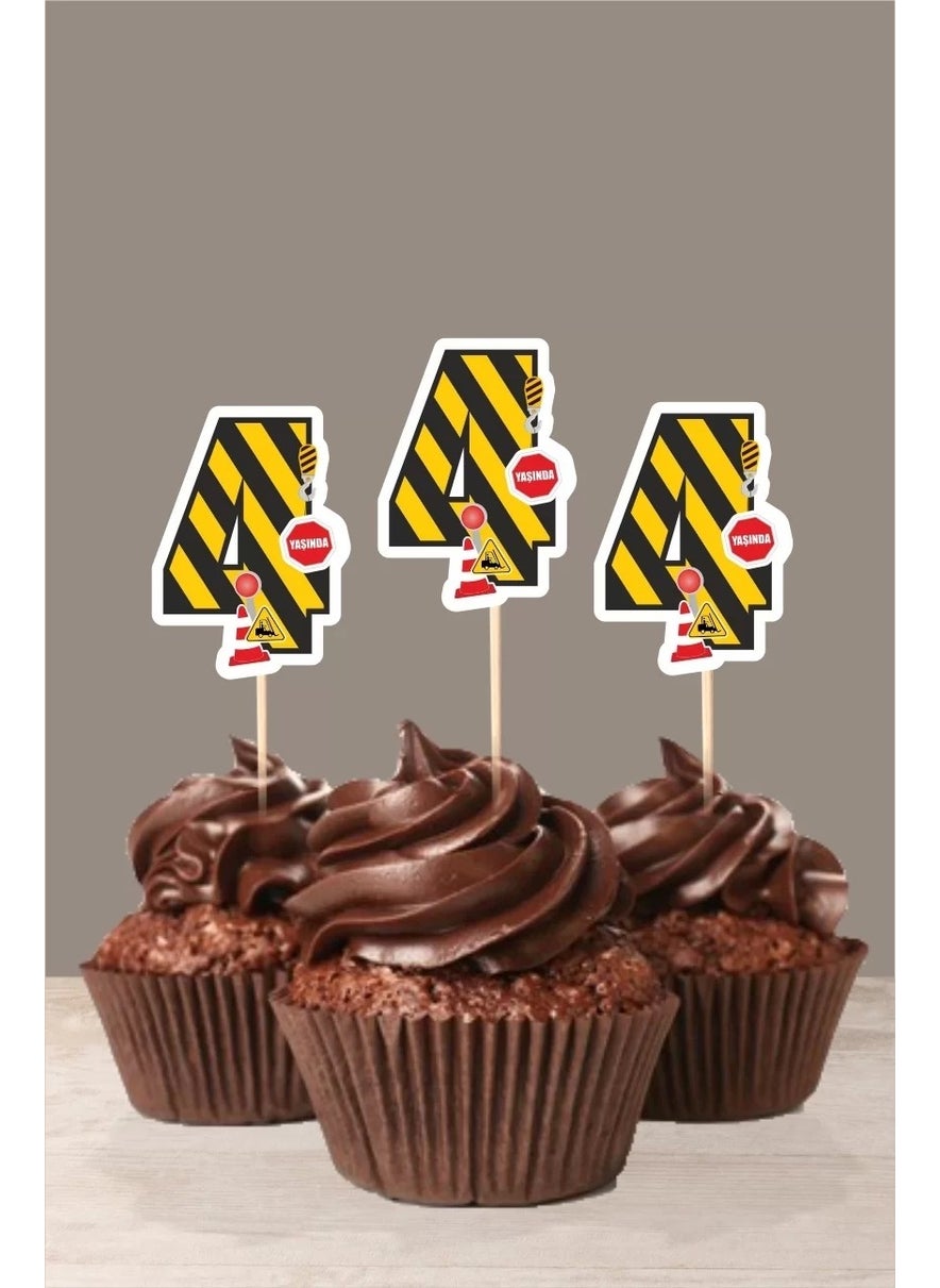 Neşeli Günlerim Happy Days Construction Machinery Themed * 4 (Four) Years Old Cupcake Decoration '10LU 