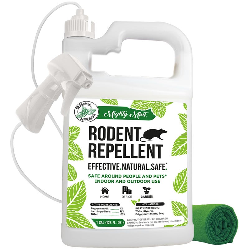 Mighty Mint Peppermint Oil Rodent Repellent Spray with Microfiber Cloth â€“ Natural Indoor & Outdoor Control for Mice and Rats â€“ Plant-Based, Extra-Strong Formula - 1 Gallon (128 oz) - Image 1