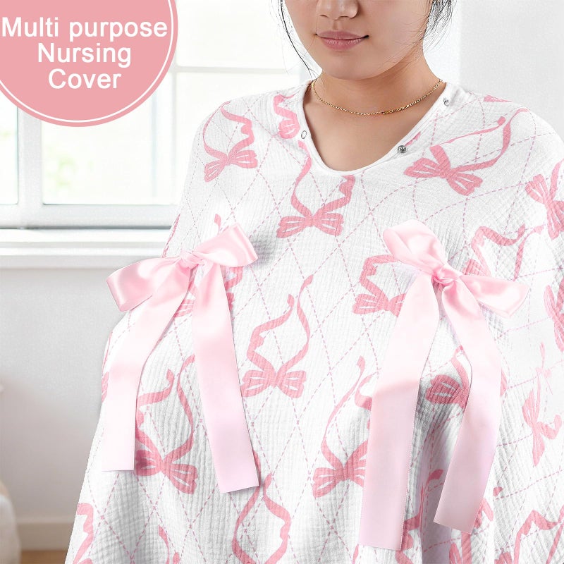 Tegeme 2-in-1 Pink Bow Muslin Baby Car Seat Cover Breathable Multi-use Nursing Infant Car Seat Cover Windproof Canopy for Breastfeeding Strollers Carriers - Image 4