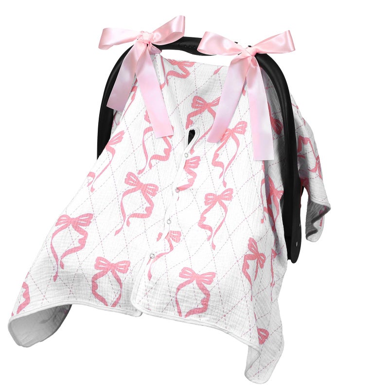 Tegeme 2-in-1 Pink Bow Muslin Baby Car Seat Cover Breathable Multi-use Nursing Infant Car Seat Cover Windproof Canopy for Breastfeeding Strollers Carriers - Image 1