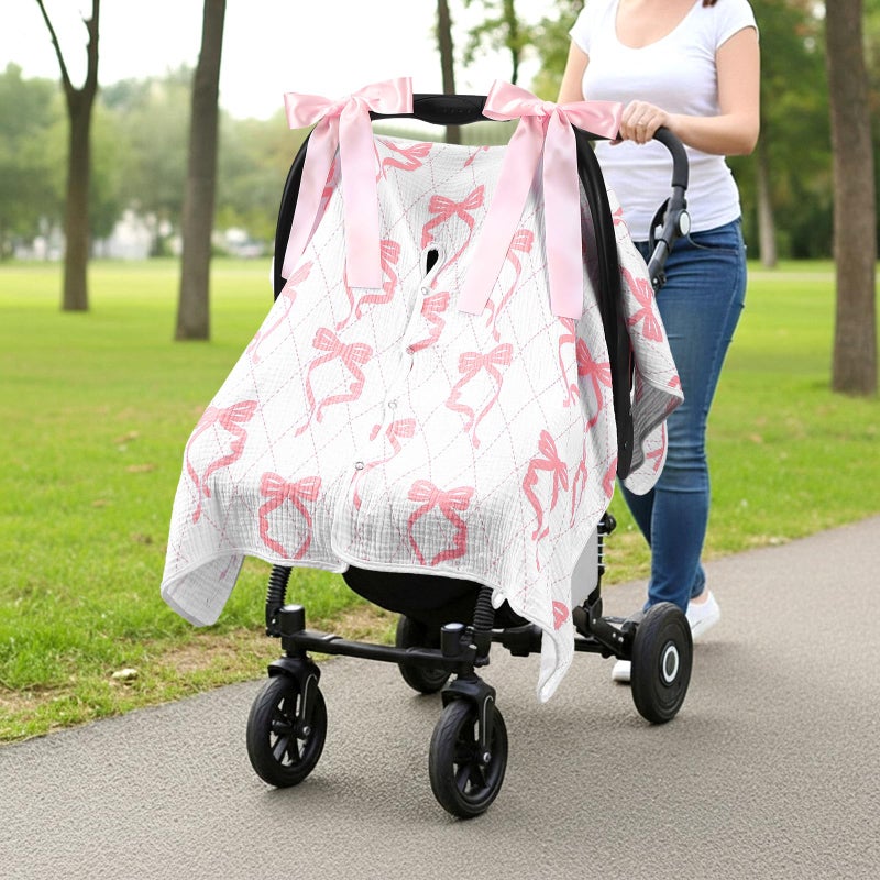 Tegeme 2-in-1 Pink Bow Muslin Baby Car Seat Cover Breathable Multi-use Nursing Infant Car Seat Cover Windproof Canopy for Breastfeeding Strollers Carriers - Image 5