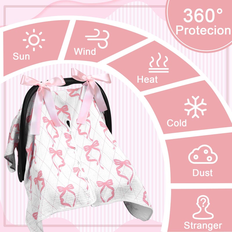 Tegeme 2-in-1 Pink Bow Muslin Baby Car Seat Cover Breathable Multi-use Nursing Infant Car Seat Cover Windproof Canopy for Breastfeeding Strollers Carriers - Image 3