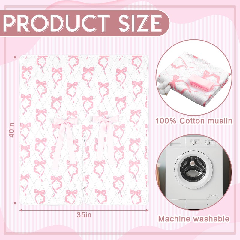 Tegeme 2-in-1 Pink Bow Muslin Baby Car Seat Cover Breathable Multi-use Nursing Infant Car Seat Cover Windproof Canopy for Breastfeeding Strollers Carriers - Image 2