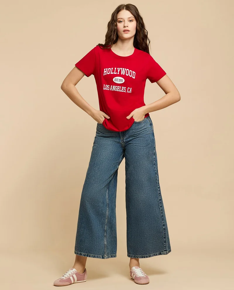 أر أند بي Typography Print T-Shirt with Crew Neck and Short Sleeves