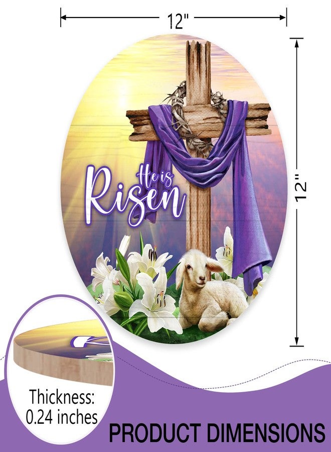 Deroro He is Risen Easter Religious Cross Sign for Front Door Decor, Christian Lily Flowers Faith Wood Door Hanger for Outdoor Outside Porch, Sunrise Sheep Wooden Wreath Indoor Wall Hanging Decoration - Image 2
