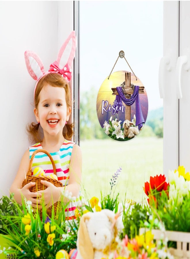 Deroro He is Risen Easter Religious Cross Sign for Front Door Decor, Christian Lily Flowers Faith Wood Door Hanger for Outdoor Outside Porch, Sunrise Sheep Wooden Wreath Indoor Wall Hanging Decoration - Image 4