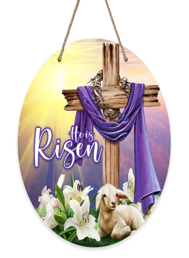 Deroro He is Risen Easter Religious Cross Sign for Front Door Decor, Christian Lily Flowers Faith Wood Door Hanger for Outdoor Outside Porch, Sunrise Sheep Wooden Wreath Indoor Wall Hanging Decoration - Image 1