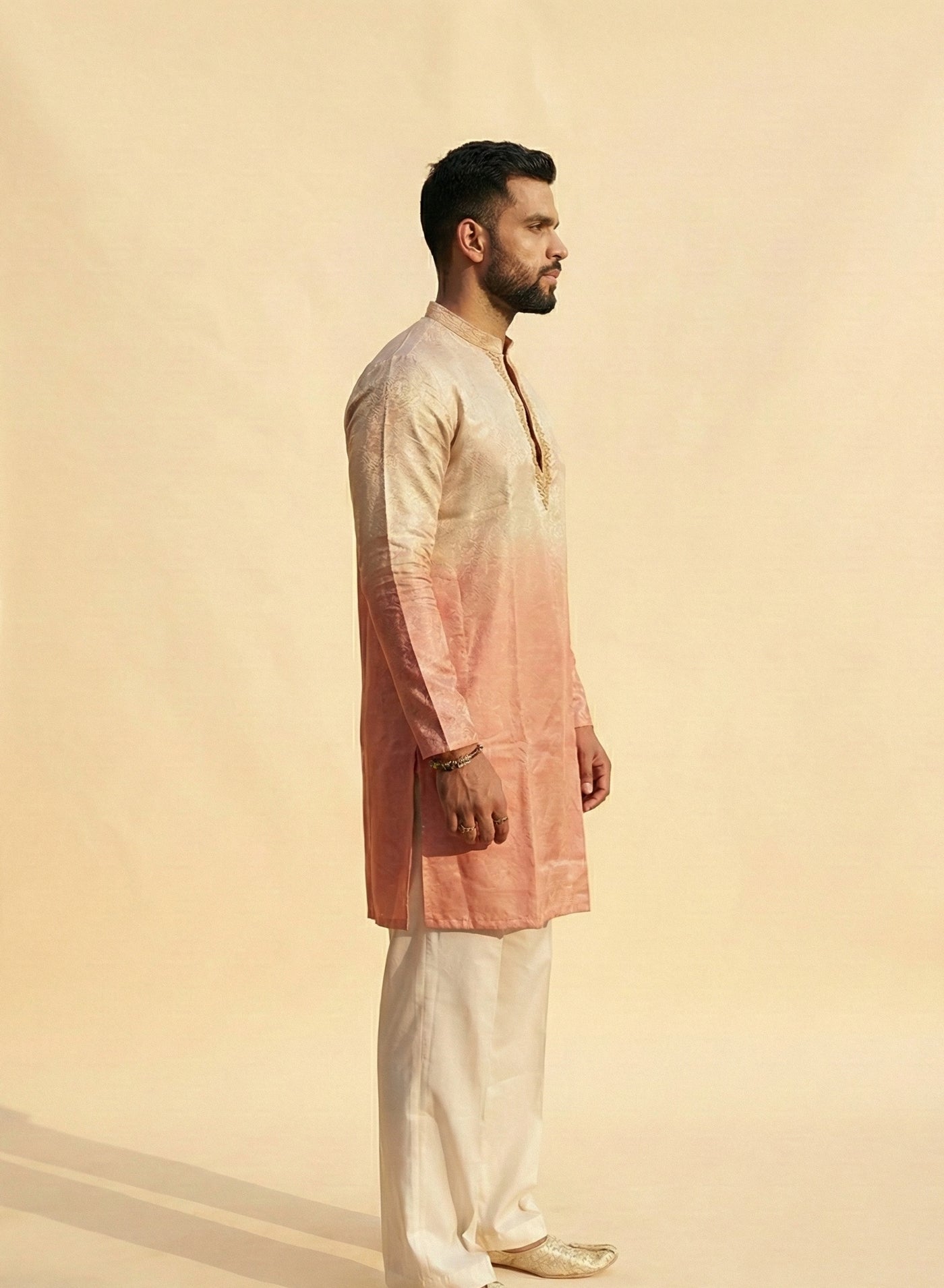 Men’s ombré peach & silver jacquard kurta with ivory trousers – 2 piece ethnic set — Kurta Sets — view 2 | Lehar Clothing UAE