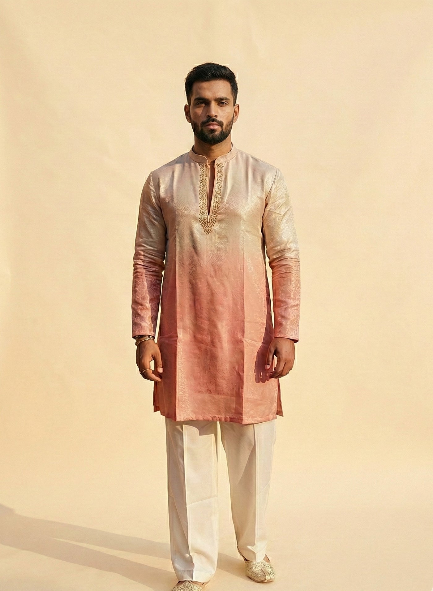Men’s ombré peach & silver jacquard kurta with ivory trousers – 2 piece ethnic set — Kurta Sets | Lehar Clothing UAE