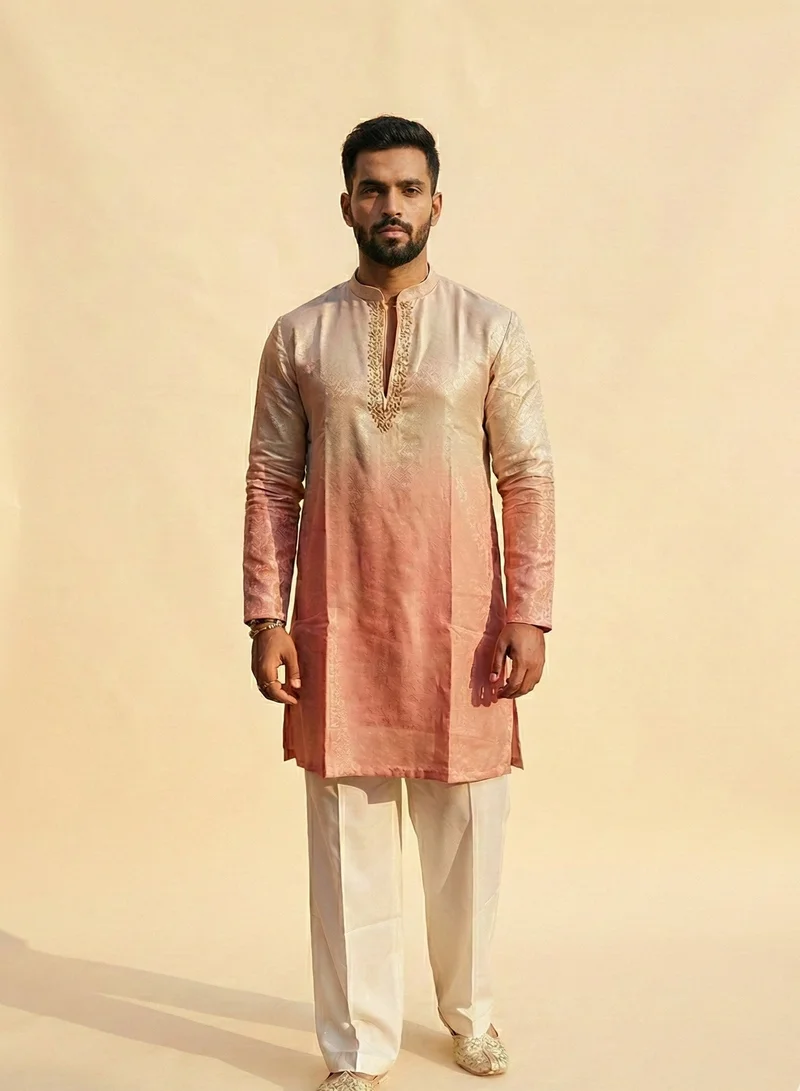 Lehar Men’s Ombré Peach & Silver Jacquard Kurta with Ivory Trousers – 2 Piece Ethnic Set