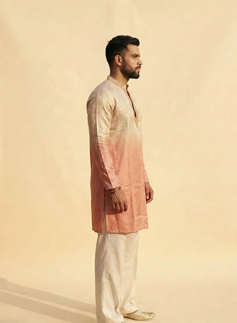 Lehar Men’s Ombré Peach & Silver Jacquard Kurta with Ivory Trousers – 2 Piece Ethnic Set