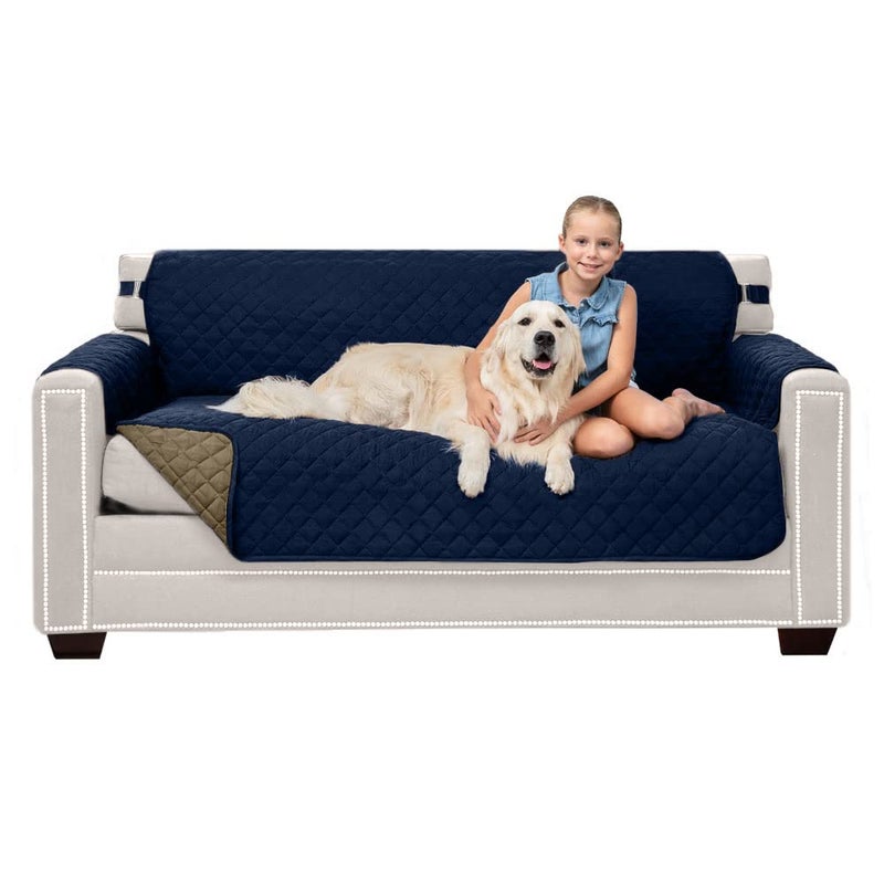 Sofa Shield Sofa Shield Couch Slip Cover with Patented Strap, Large Cushion Protector, Reversible Stain and Dog Tear Resistant Slipcover, Quilted Microfiber 62” Seat, Washable Covers for Dogs Pets Kids, Navy Sand - Image 1
