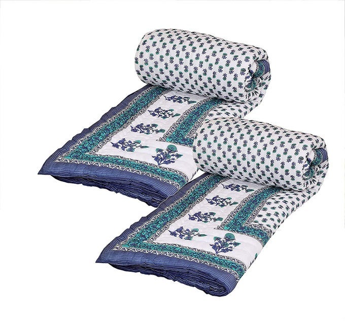 TRADITIONAL FAMOUS JAIPURI BEAUTIFUL FLORAL PRINT IN WHITE BLUE GREEN JAIPURI RAJAIRAZAIQUILT SINGLESINGLE BED QUILTCOMFORTERAC QUILTAC COMFORTERSET OF 2