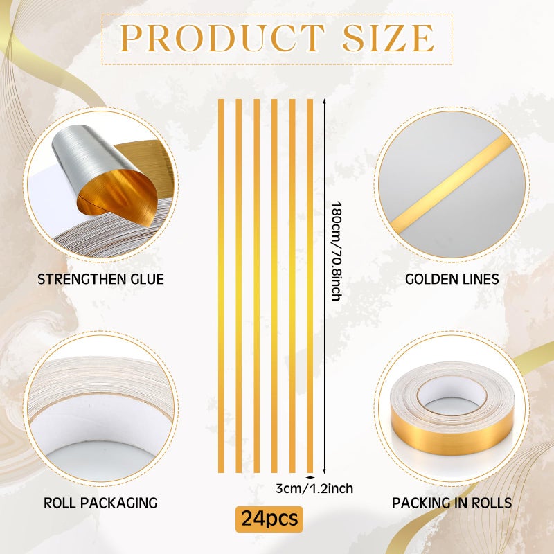 Hoolerry Hoolerry 24 Pcs 70.8 x 1.2 Inch Metallic Line Wall Decals Peel and Stick Adhesive Tile Stickers Washi Tape Wall Tape Mirror Tape Graphic Tape for Home Wall Crafts Decoration (Gold)  - Image 2