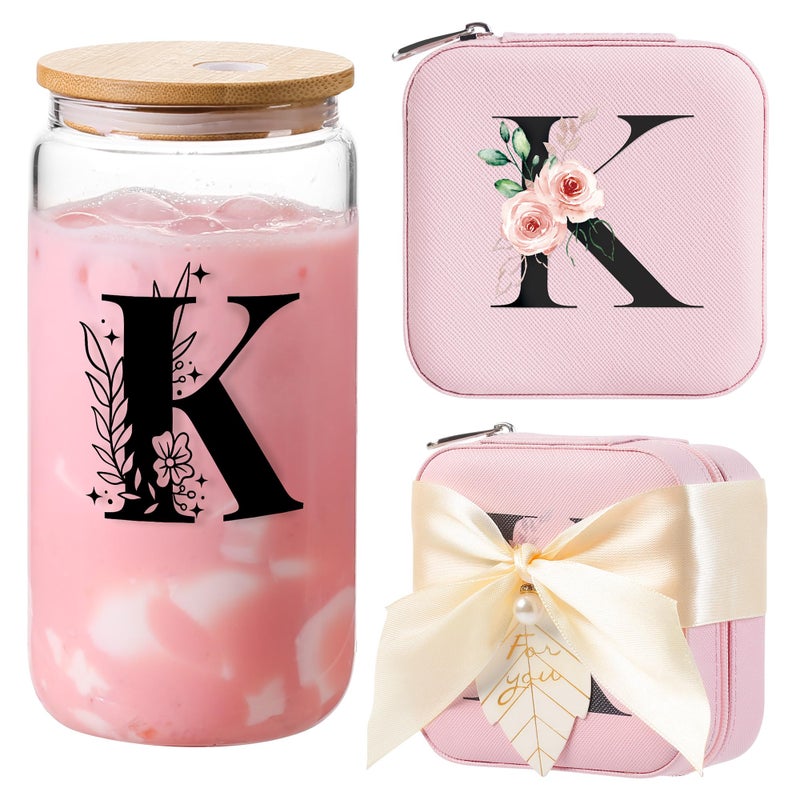 Aygxu Mothers Day Gifts Graduation Gifts For Her  Bridesmaid Gifts Drinking Glass With Bamboo Lids And Straw Jewelry Organizer Travel Essentials Small Jewelry Box Teen Girls Gifts Initial K Pink - Image 1