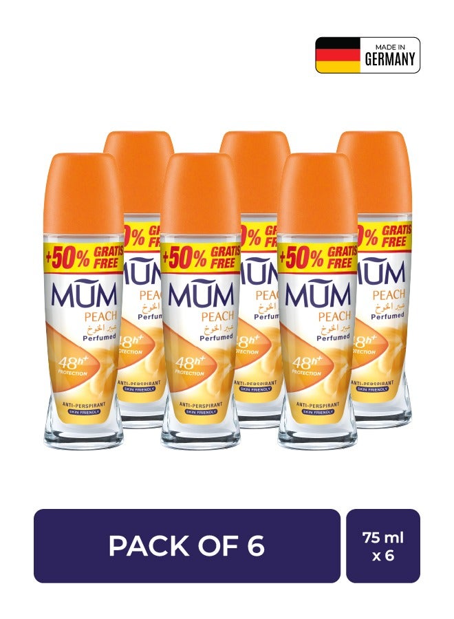 MUM Deodorant Roll-on - Peach, 48-Hrs Protection, Quick Drying Formula For All Skin Type, Pack of 6, 75ml Each - Image 1