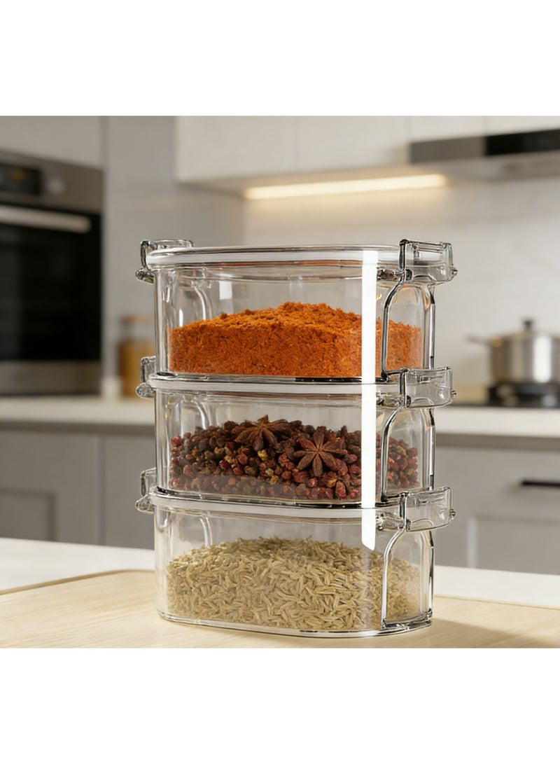 صندوق تخزين التوابل، مقاوم للتسرب، آمن للاستخدام في الفريزر، حاويات حبوب مع أغطية سهلة القفل لتنظيم مخزن المطبخ (شفاف، ثلاث طبقات) - Image 5