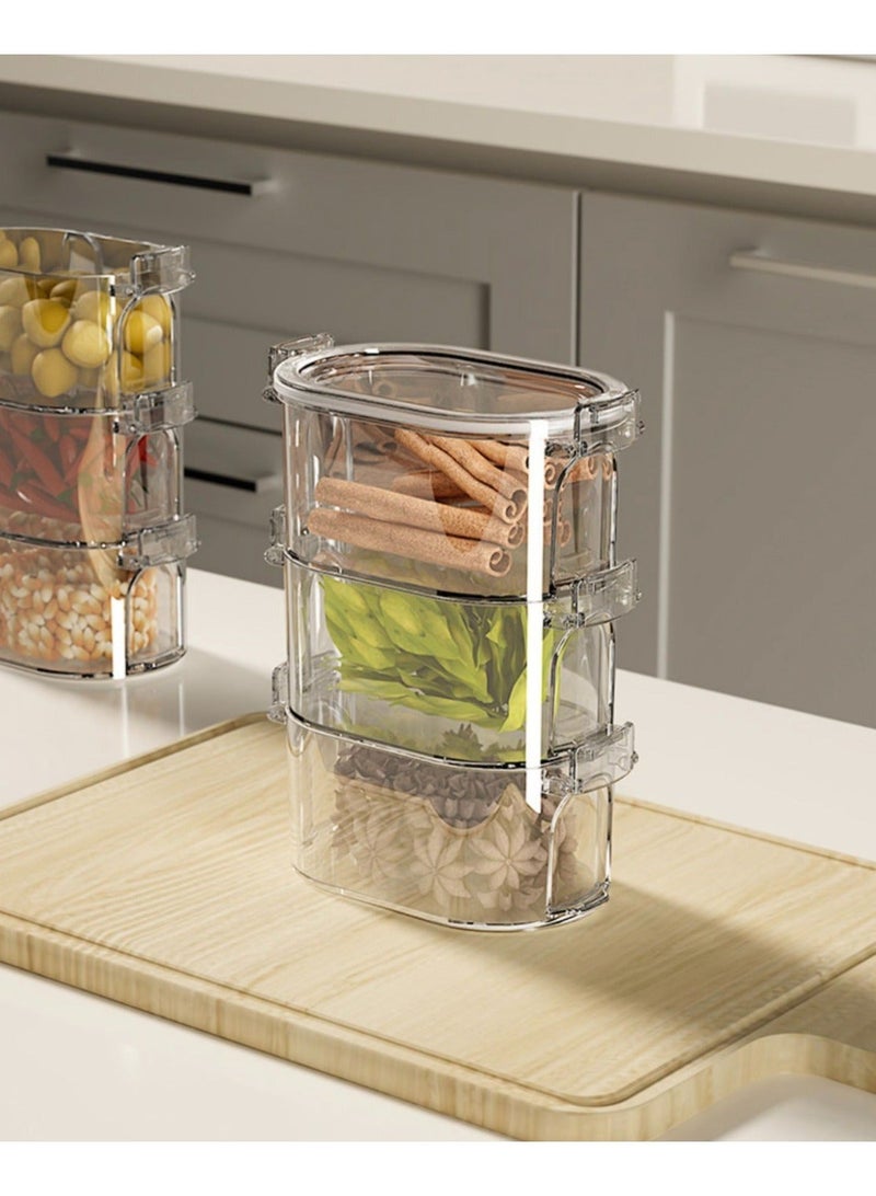 صندوق تخزين التوابل، مقاوم للتسرب، آمن للاستخدام في الفريزر، حاويات حبوب مع أغطية سهلة القفل لتنظيم مخزن المطبخ (شفاف، ثلاث طبقات) - Image 1