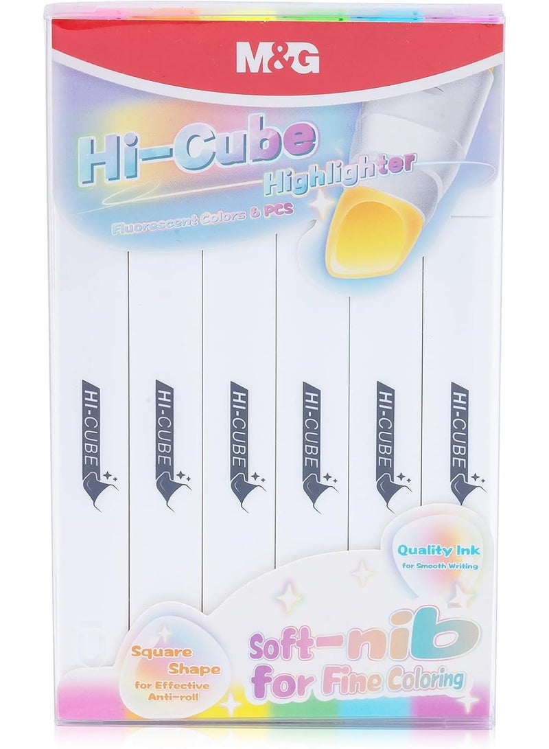 M&G Chenguang Pack HI-CUBE Highlighters, 6pcs Fluorescent Colors, Soft-Nib Chisel Tip with Fat Rectangular Barrel Design - No:AHMU1673 - Image 4