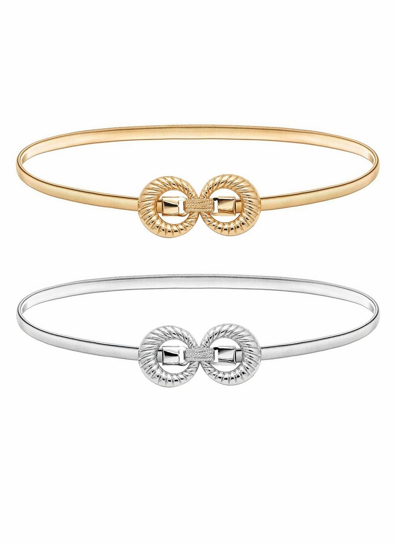 SYOSI Skinny Stretch Belt for Women 2 Pieces Silver and Gold Waist Belt Thin Cinch Belts Adjustable Interlock Buckle for Dress Jeans Formal Clothing Skirts and Pants  - Image 1