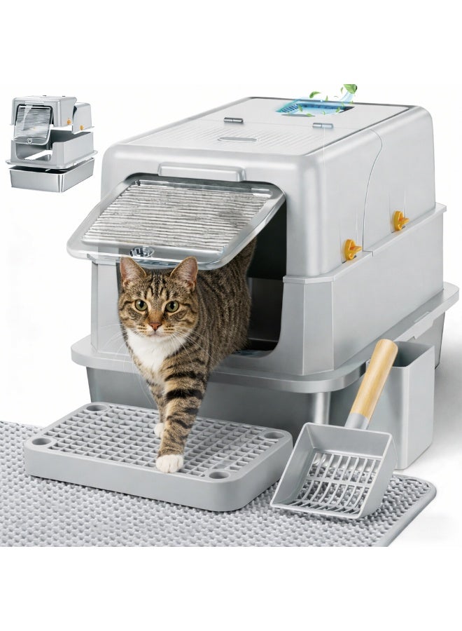 صندوق فضلات القطط مغلق من الفولاذ المقاوم للصدأ مع غطاء، للتحكم في الرذاذ والروائح، سعة كبيرة مع درج ومجرفة، سهل التنظيف، أسود/رمادي (58×38×39 سم) - Image 1