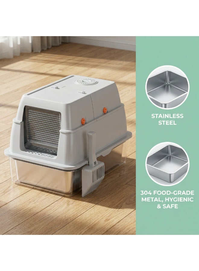 صندوق فضلات القطط مغلق من الفولاذ المقاوم للصدأ مع غطاء، للتحكم في الرذاذ والروائح، سعة كبيرة مع درج ومجرفة، سهل التنظيف، أسود/رمادي (58×38×39 سم) - Image 3