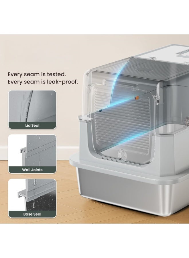صندوق فضلات القطط مغلق من الفولاذ المقاوم للصدأ مع غطاء، للتحكم في الرذاذ والروائح، سعة كبيرة مع درج ومجرفة، سهل التنظيف، أسود/رمادي (58×38×39 سم) - Image 4