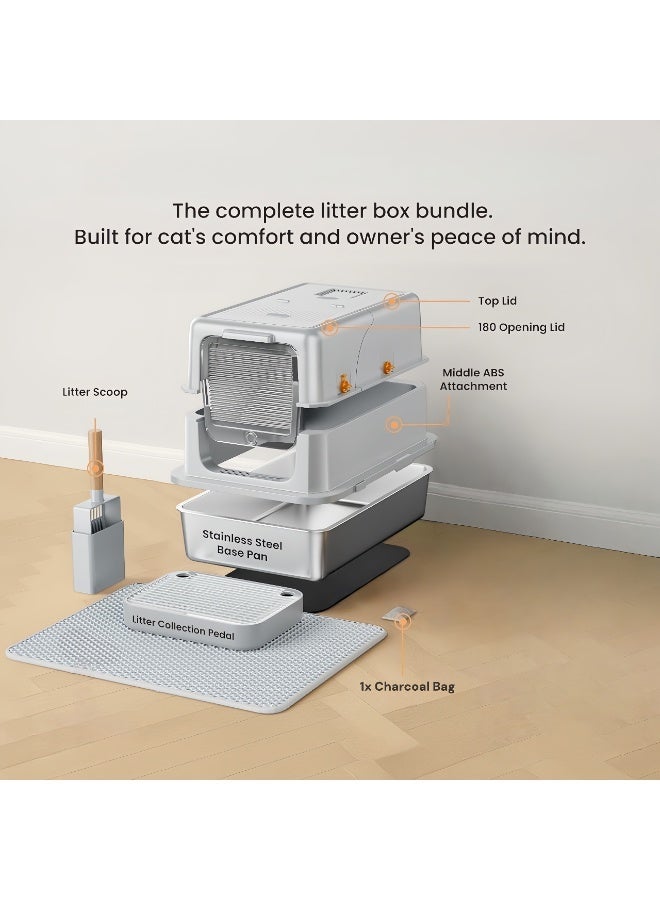 صندوق فضلات القطط مغلق من الفولاذ المقاوم للصدأ مع غطاء، للتحكم في الرذاذ والروائح، سعة كبيرة مع درج ومجرفة، سهل التنظيف، أسود/رمادي (58×38×39 سم) - Image 5