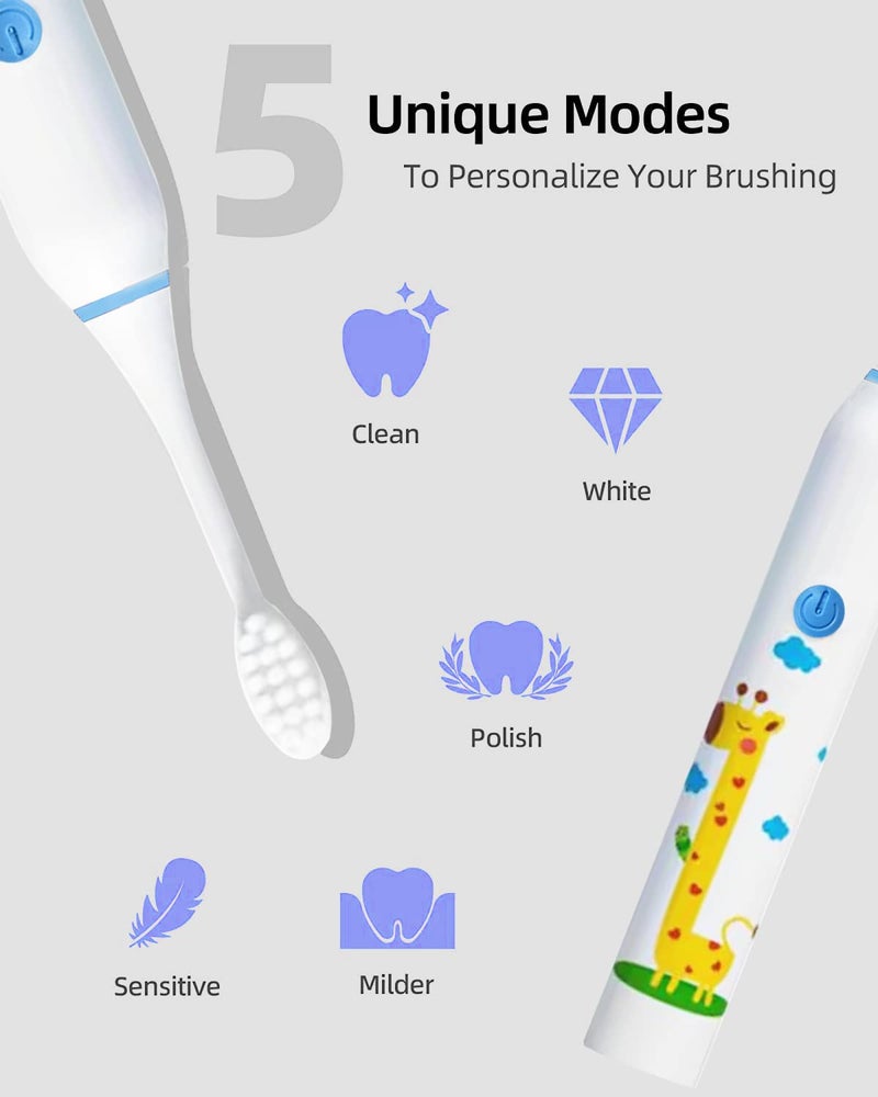 US1984 Sonic Electric Toothbrush for Kids with 5 Modes, 3 Brush Heads & Rechargeable Battery, Ultra Soft Nylon Bristles, IPX7 Waterproof, Electric Power Tooth brush (White) - Image 3