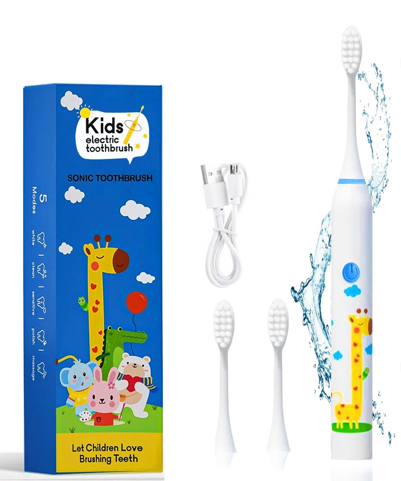 US1984 Sonic Electric Toothbrush for Kids with 5 Modes, 3 Brush Heads & Rechargeable Battery, Ultra Soft Nylon Bristles, IPX7 Waterproof, Electric Power Tooth brush (White) - Image 1