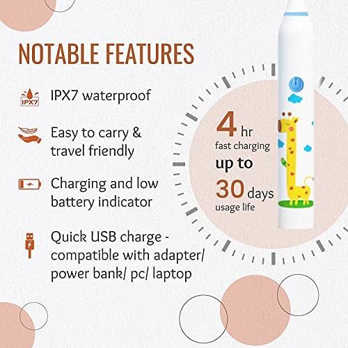 US1984 Sonic Electric Toothbrush for Kids with 5 Modes, 3 Brush Heads & Rechargeable Battery, Ultra Soft Nylon Bristles, IPX7 Waterproof, Electric Power Tooth brush (White) - Image 2