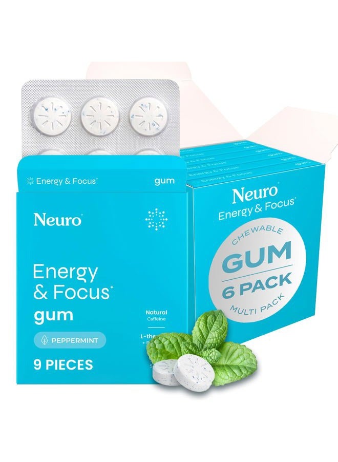 Neuro (6 عبوات) علكة الطاقة والتركيز، بنكهة النعناع، 6x9 قطعة لكل عبوة - Image 1