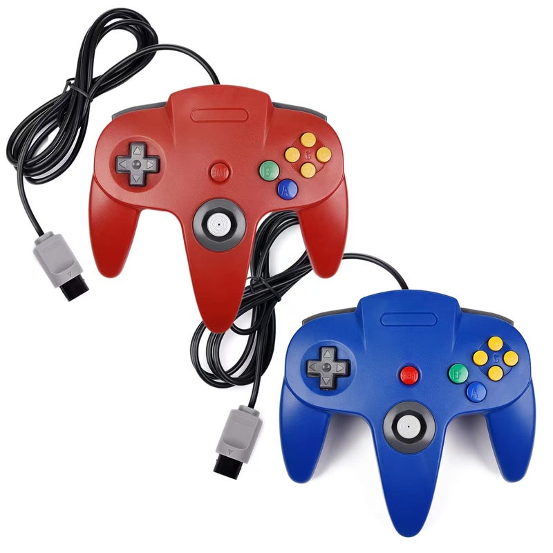 ملعب N64 متعدد الألوان (2 قطعة)، وحدة تحكم عادية سلكية ذات ستة أجزاء من تصميم عتيق لمنصة فيديو ألترا 64 ونظام N64 (أزرق + أحمر) - Image 1
