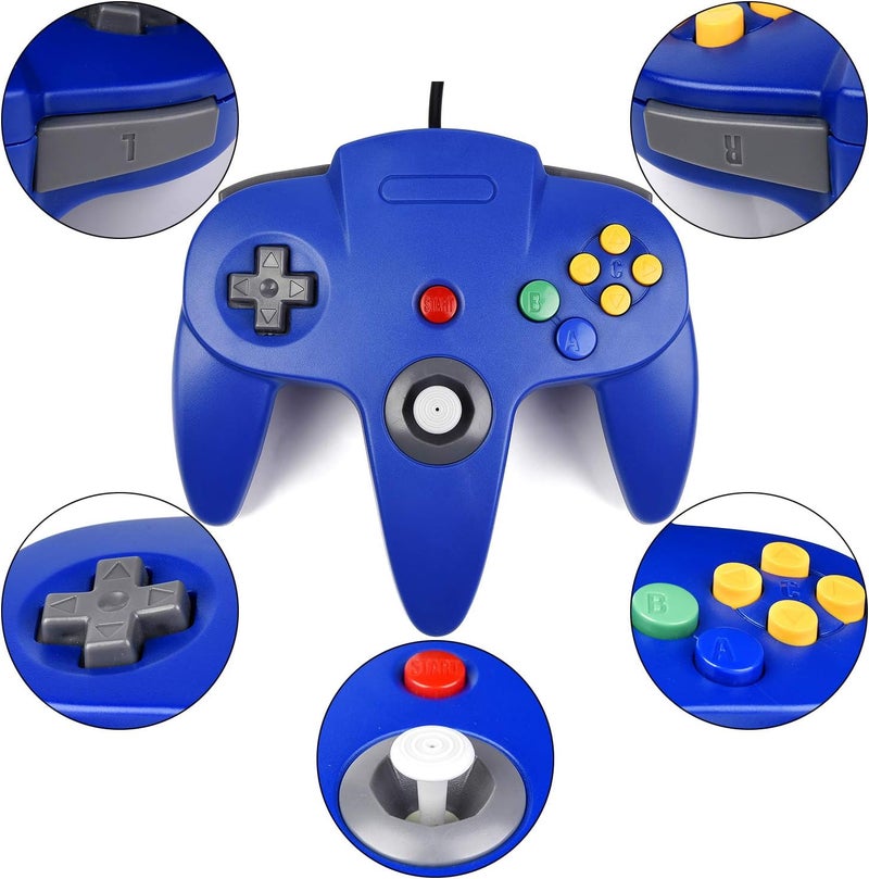 ملعب N64 متعدد الألوان (2 قطعة)، وحدة تحكم عادية سلكية ذات ستة أجزاء من تصميم عتيق لمنصة فيديو ألترا 64 ونظام N64 (أزرق + أحمر) - Image 3