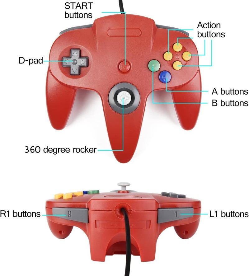 ملعب N64 متعدد الألوان (2 قطعة)، وحدة تحكم عادية سلكية ذات ستة أجزاء من تصميم عتيق لمنصة فيديو ألترا 64 ونظام N64 (أزرق + أحمر) - Image 4