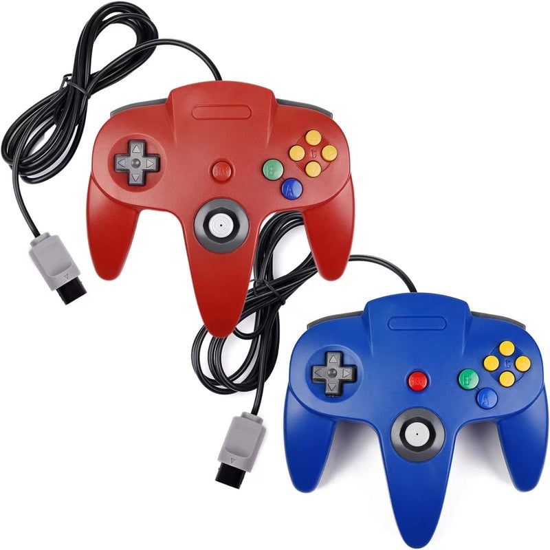 ملعب N64 متعدد الألوان (2 قطعة)، وحدة تحكم عادية سلكية ذات ستة أجزاء من تصميم عتيق لمنصة فيديو ألترا 64 ونظام N64 (أزرق + أحمر) - Image 2