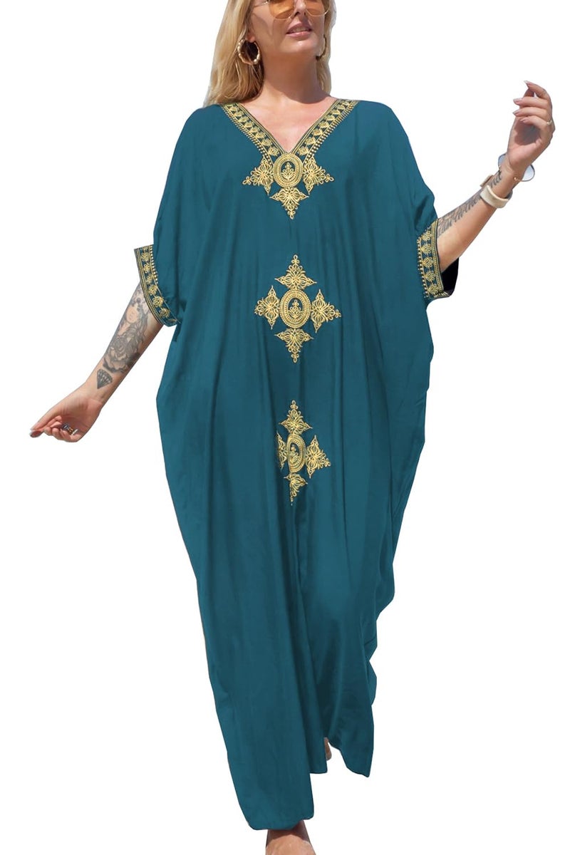 YouKD Women's Summer Long Kaftan Maxi Boho Dress V Neck Beach Swimsuit Coverups Evening Gown - Image 1