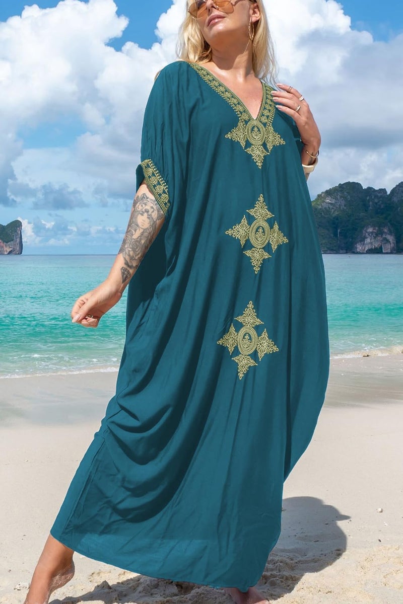 YouKD Women's Summer Long Kaftan Maxi Boho Dress V Neck Beach Swimsuit Coverups Evening Gown - Image 2