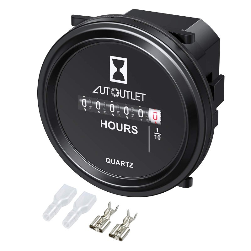 AUTOUTLET Quartz Hour Meter 2 Round Gauge Waterproof Industrial Timer DC 12V 24V 36V 48V 72V 999999 Hours 001 Quartz for Marine Boat Engine