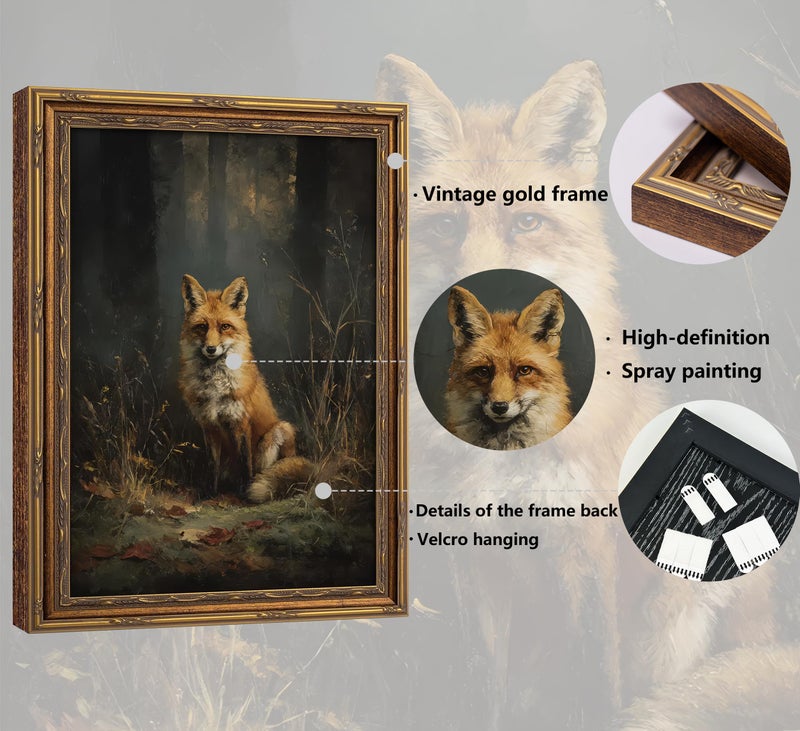Mavgouuy Framed Vintage Woodland Fox Canvas Wall Art Forest Wildlife Dark Academia Painting Picture Wall Decor Nature Farmhouse Animals Poster Print Artwork for Living Room Bedroom Lodge Home Decoration - Image 3