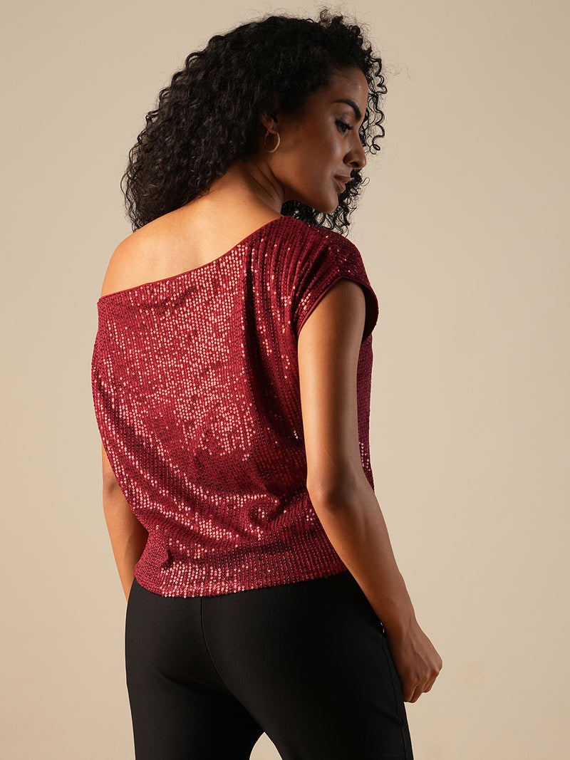 globus Globus Women One Shoulder Extended Sleeve Sequinned Party Top  - Image 3