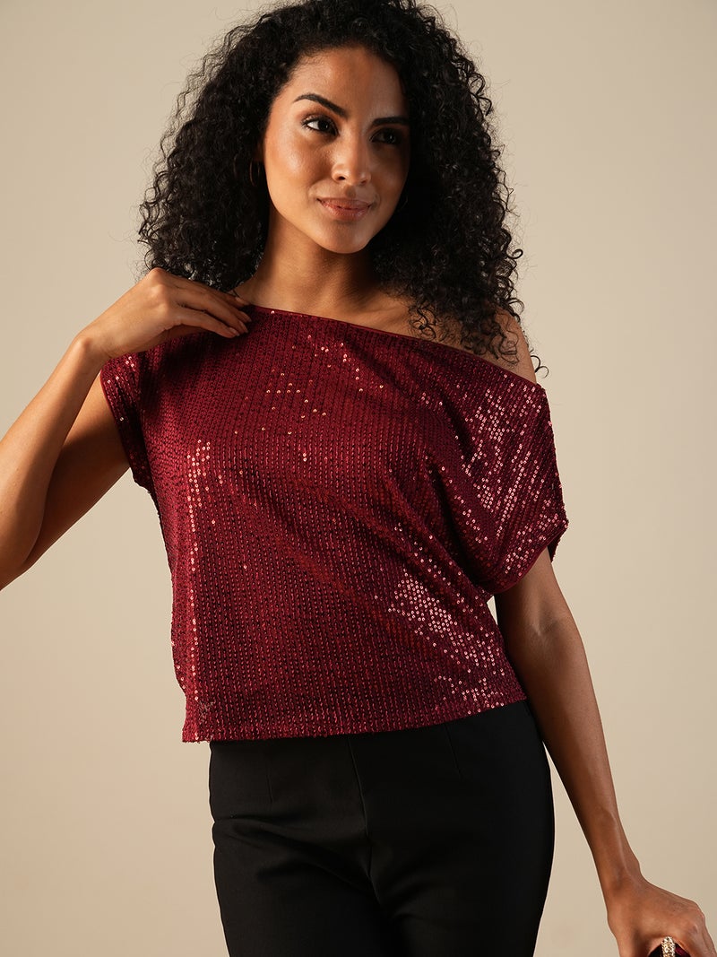 globus Globus Women One Shoulder Extended Sleeve Sequinned Party Top  - Image 1