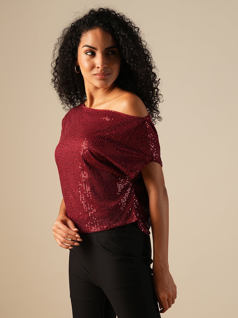 globus Globus Women One Shoulder Extended Sleeve Sequinned Party Top  - Image 2