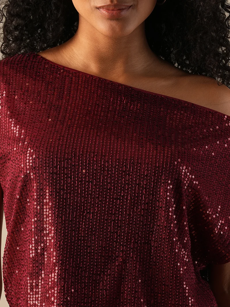 جلو باص بلوزة سهرة نسائية جلوبس بكتف واحد وأكمام ممتدة مرصعة بالترتر
