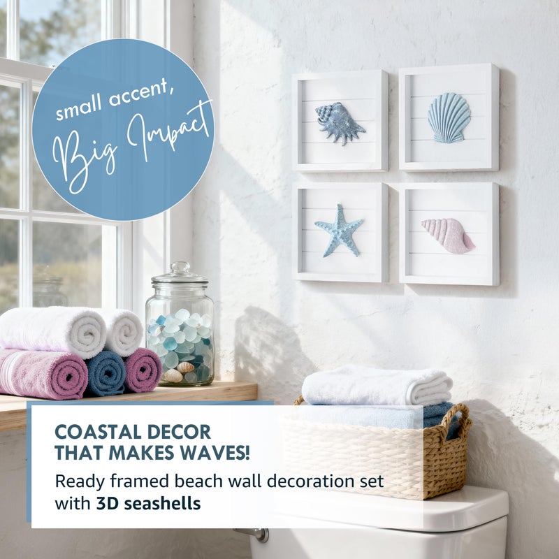 Tide and Tales 3D Seashells & Starfish Coastal Wall Art Decor (Framed Set of 4) Beach Wall Decor for Bathroom or Coastal Bedroom - Ocean Inspired Seaside Decorations for Home or Beach House (7"x7") - Image 4